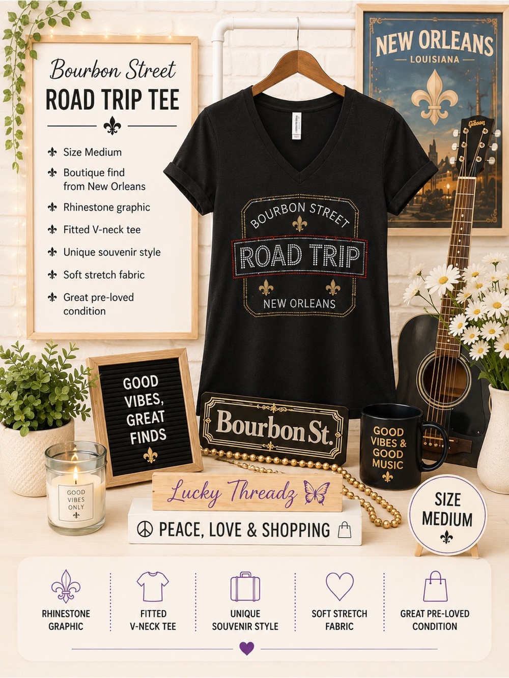 Bourbon Street Road Trip Rhinestone V-Neck Tee - Black